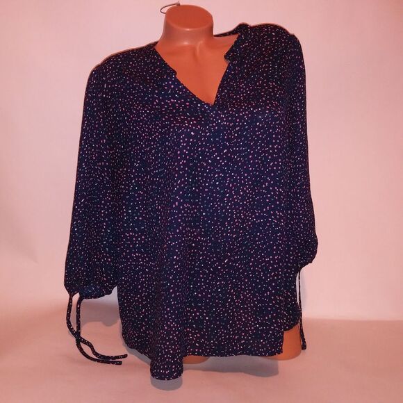 Collective Concepts Blouse Womens 1X Blue Pink Dots Chiffon 3/4 Sleeve V Neck - Picture 2 of 8